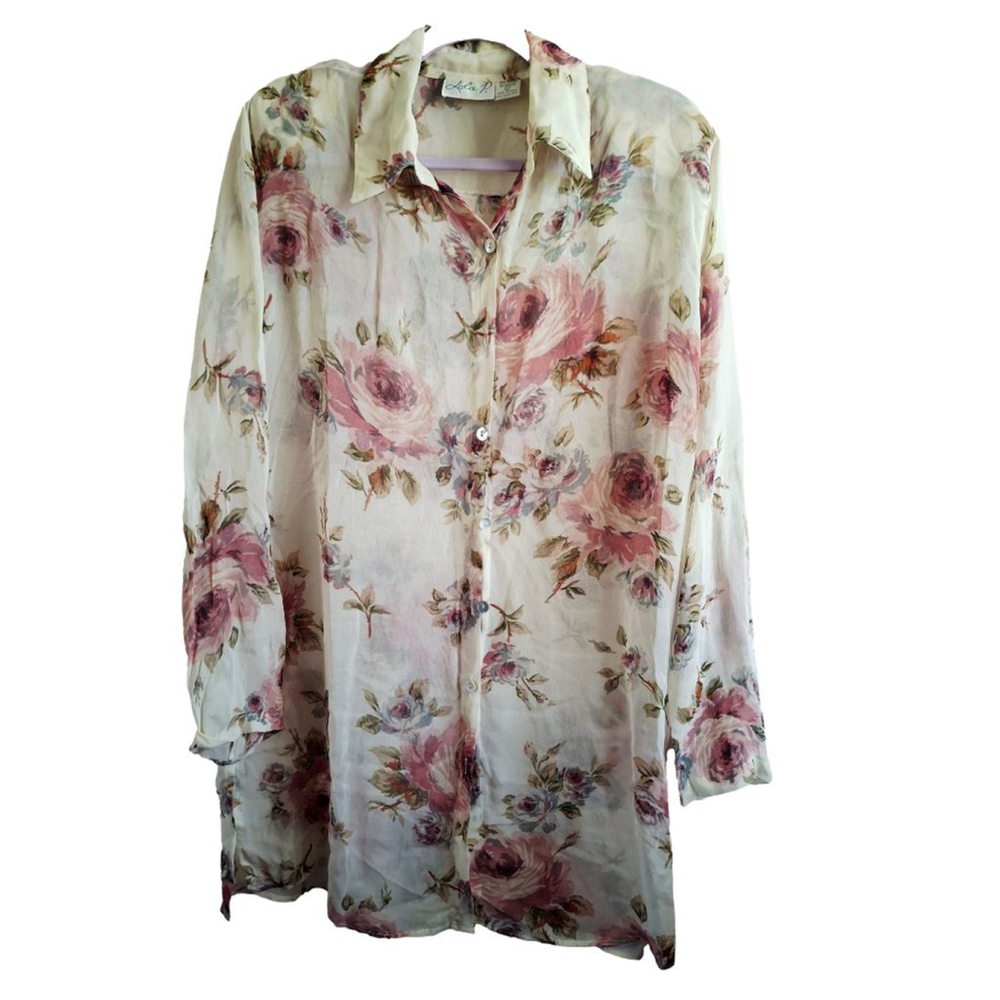 Vintage Lola P. Floral Button Down tunic Shirt L Off-White Pink cottage core